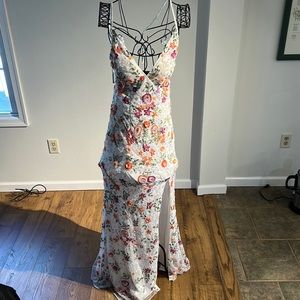 Formal garden style floor length dress with detailed sequin and beaded flowers